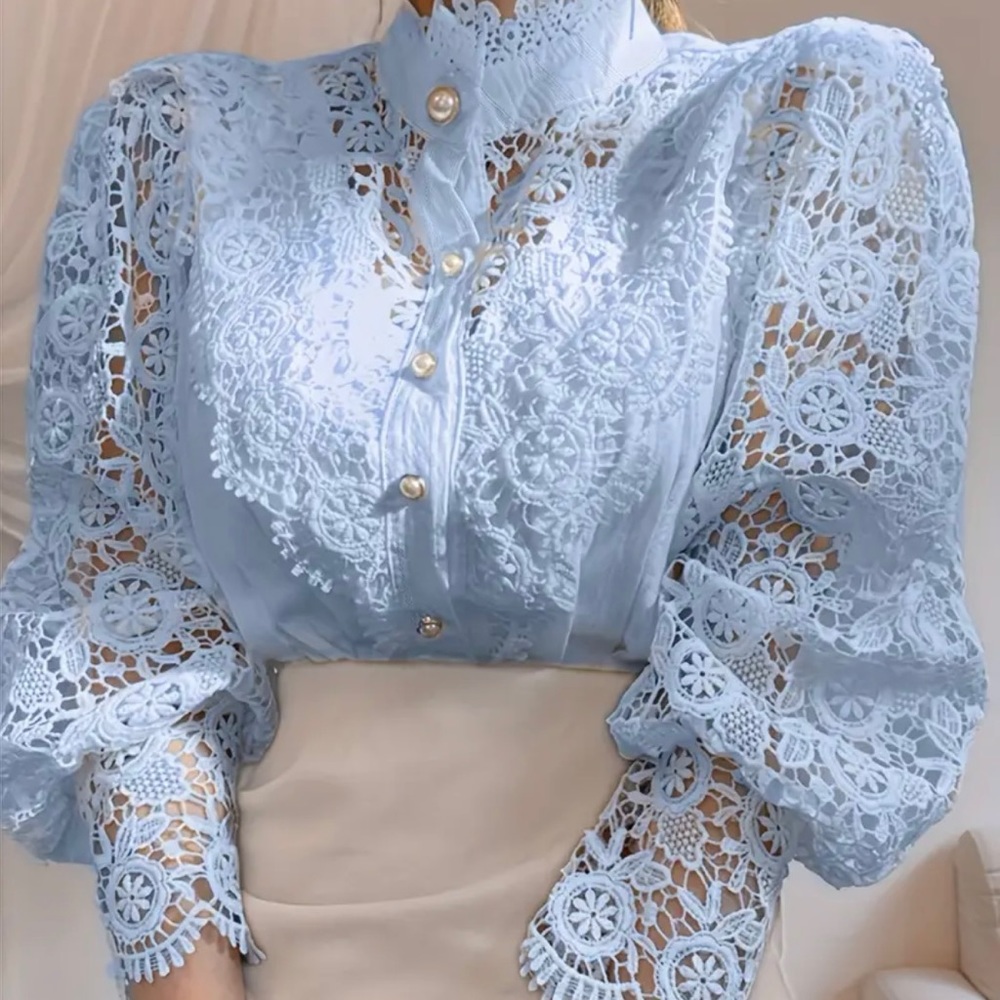 Puff Sleeve Lace Blouse Women Lantern Sleeve Plain